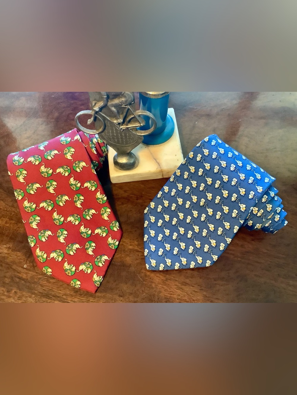 Pair of Salvatore Ferragamo Elephant-Print Silk Ties - Blue/Red - Excellent